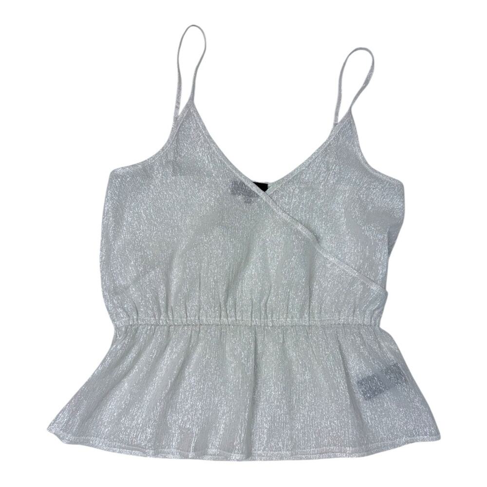 7 For All Mankind Silver Shimmery Wrap-Front Peplum Cami